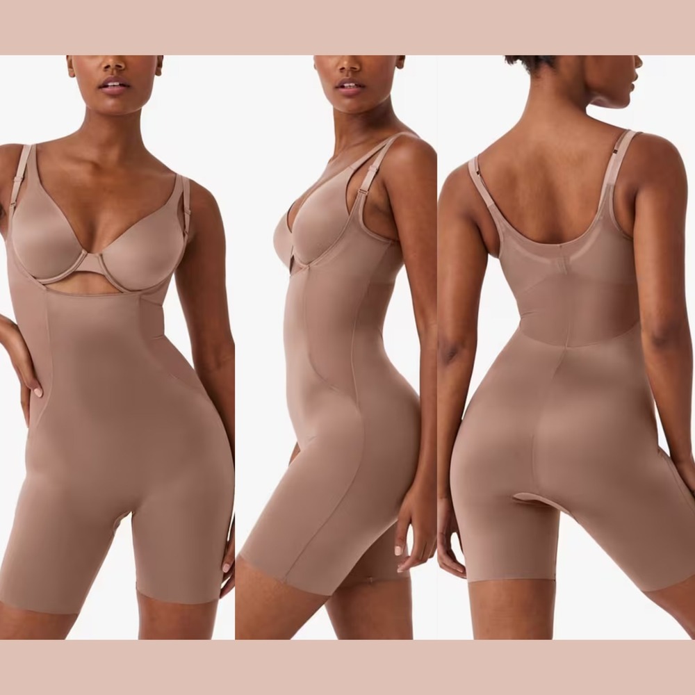 NEW $98 SPANX [ Medium ] Open Bust Mid Thigh Bodysuit In Cafe Au Lait #T2070‎
